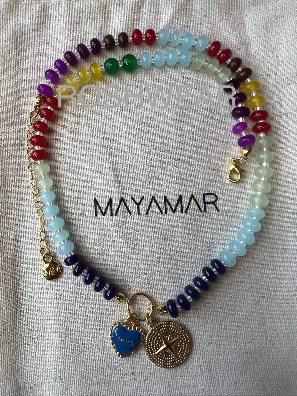 Gold Charm Beaded Necklace with Blue Heart Pendant - Picture 3 of 8